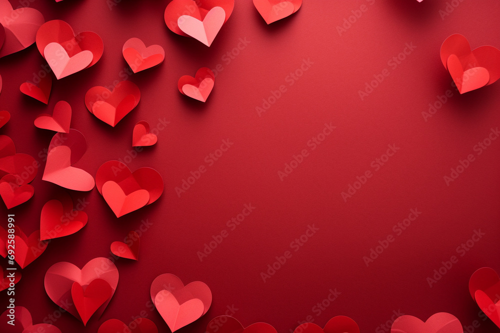 Wall mural paper art red hearts on red background top view.