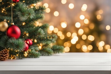 Wooden table with christmas fir tree and decoration. Bokeh background