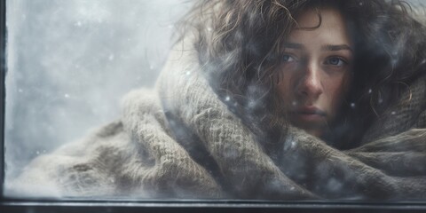 Image of a person wrapped in a blanket, staring vacantly out of a window on a snowy day, depicting winter depression