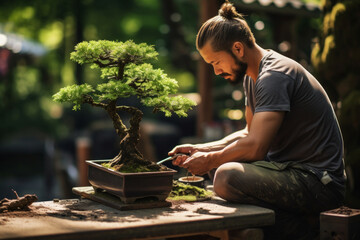 A man with a topknot is meticulously pruning a bonsai tree, focusing intently on the tiny branches
