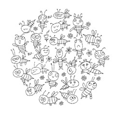 Funny Bees family. Circle frame isolated on black. Beehive for your design - 692590173