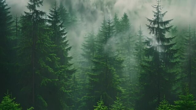 tall trees in the forest in the mountains covered in fog