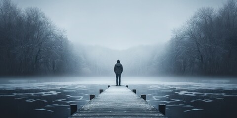 Silhouette of a person standing at the end of a pier looking at a frozen lake, symbolizing contemplation in winter depression - obrazy, fototapety, plakaty