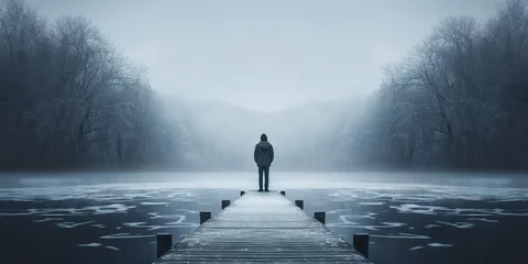 Foto op Plexiglas Silhouette of a person standing at the end of a pier looking at a frozen lake, symbolizing contemplation in winter depression © EOL STUDIOS