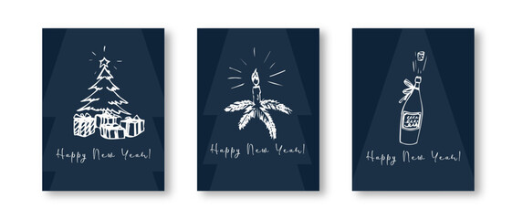 Set trendy Happy New Year greeting cards ho ho ho Merry Christmas template Minimalistic design blue  doodle style cozy trendy 2024 cards 	
