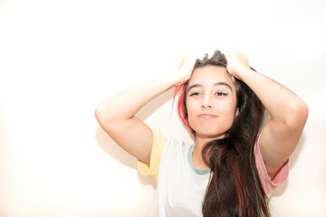 Fototapeta premium woman, hair, people, beauty, couple, person, face, hairdresser, home, indoors, mirror, business, child, family, hairstyle, smile, smiling