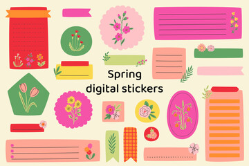 Blank floral digital stickers. Spring stickers. Digital note papers and stickers for bullet journaling or planning. Digital planner stickers. Vector art. - 692591708
