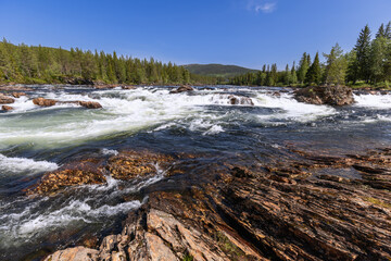 Fototapeta na wymiar The swift Namsen River in Trondelag, Norway, flows through cascades framed by rugged shoreline stones and dense forests, all under a radiant blue sky on a sunny summer day
