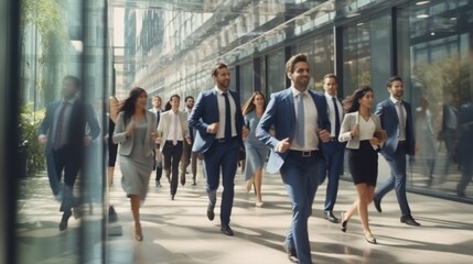 group of hurried businesspeople moving through a corporate office complex in a blur . - obrazy, fototapety, plakaty