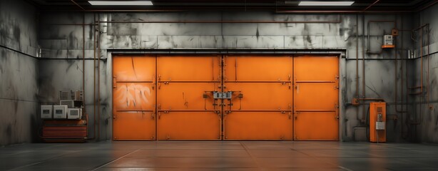 an orange metal doors with graffiti on the wall