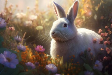 Cute bunny in flowered blossom garden. Domestic rabbit in blooming floral plants. Generate ai - obrazy, fototapety, plakaty