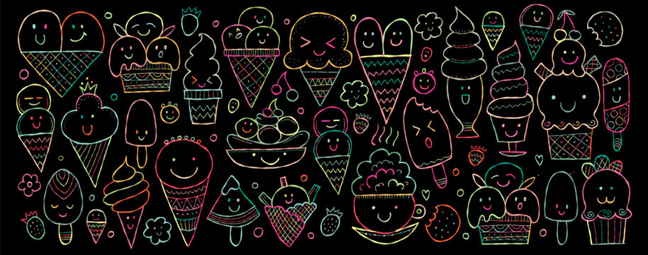 Ice cream characters. Kawaii style. Horizontal background for your design on black