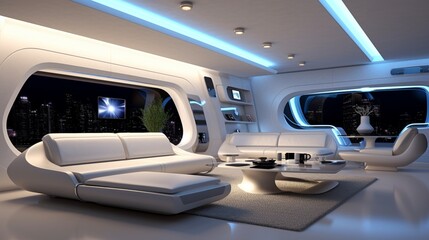 A futuristic living room with innovative furniture designs, LED lighting, and a wall-mounted entertainment system