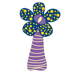 Fantasy magic flower Mushroom, cartoon Fairy plant. Vector unusual fungi with Dotted petals and Eye. Fairytale element for game, alien flora, hallucinogenic botany. Flat cartoon design object.