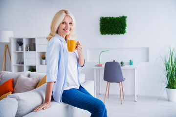 Photo portrait of attractive pensioner woman breakfast enjoy weekend hold tea mug living room...