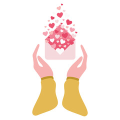 Hands holding love letter, Valentines day envelope with Hearts inside. Greeting Holiday card isolated on white background. Vector Flat Cartoon illustration for Social media post, Postcard, Poster.