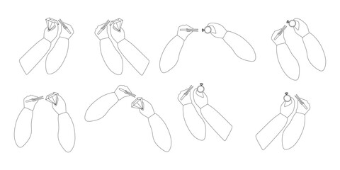 Set of Outline hands with Brilliant ring, Gemstone and Tweezers. Collection of Jeweler Arms Silhouette, Vector contour illustration. Jewelry making concept. Design object for Card, Poster, Banner.