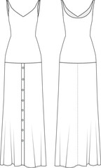 buttoned maxi long flared a line dress with straps template technical drawing flat sketch cad mockup fashion woman design model style