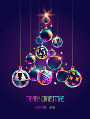 New year tree made of Christmas balls. Iridescent greeting card design. - 692596104