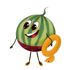 Cute watermelon in swimming trunks and a lifebuoy at sea