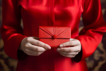 Red hongbao envelope in female hands, Chinese tradition - obrazy, fototapety, plakaty