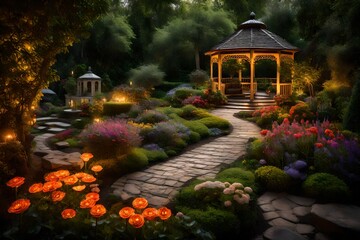 A serene and enchanting garden adorned with vibrant flowers, meandering pathways, and a charming gazebo, basking in perfect lighting and natural beauty 