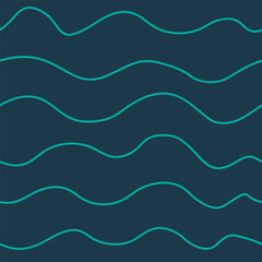 Abstract sea waves vector seamless pattern on blue background. Nature simple line art illustration