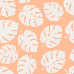 Seamless vector pattern with monstera leaves. Trend color 2024 Peach Fuzz. Background for fabric, fashion design, wallpaper, textile and other design projects.