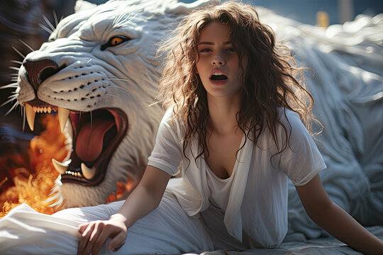 Portrait of a sensual young woman with her mouth open from pleasure and enjoyment with spirit white tiger protecting her