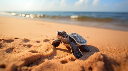 Fototapeta na wymiar baby turtle after hatch crawling to the beach