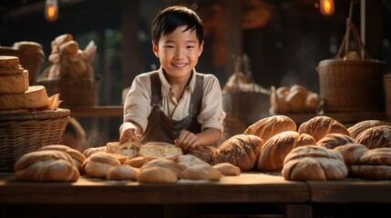 Fototapeta na wymiar little Chinese boy bakes bread with his own hands