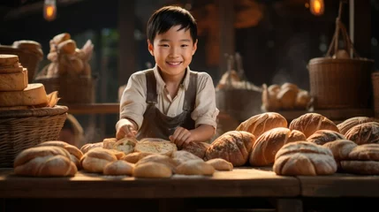 Photo sur Plexiglas Pain little Chinese boy bakes bread with his own hands
