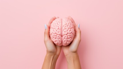 pink brain in palms on pink background - Powered by Adobe