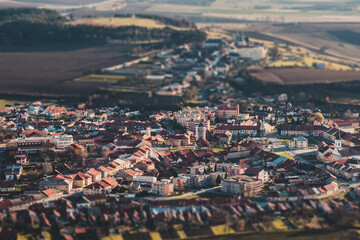 Obraz premium Panorama of a small old European town, tilt shift effect