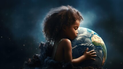 Naklejka premium little black girl hugs planet earth against the backdrop of space,Environmental issues