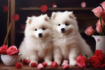 Fototapeta na wymiar cute Samoyed puppies for Valentine's day or birthday, postcard