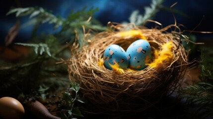 two painted Easter eggs in a nest among flowers, Easter concept