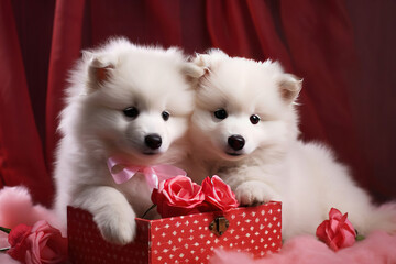 cute Samoyed puppies for Valentine's day or birthday, postcard