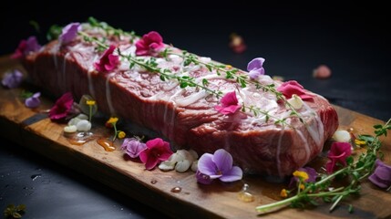 Obraz na płótnie Canvas meat decorated with flowers, haute cuisine
