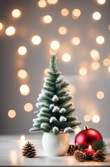 christmas fir tree and decoration on wooden table. Bokeh background