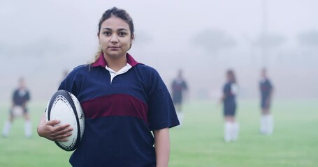 Rugby, confident and woman at game, field and face or ready for training in outdoors. Athlete, exercise and practice for competition, fitness and sportswear on sports stadium or match in portrait