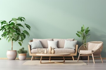 Interior of modern living room with houseplants, sofa and green wall background
