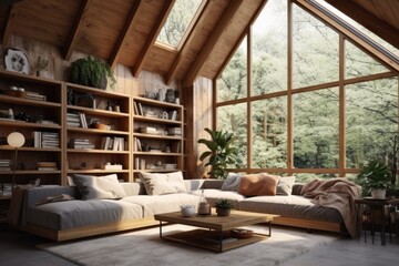 Obraz na płótnie Canvas Cabin interior living room space with bookshelf, rustic-inspired design, modern furniture