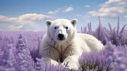  polar polar bear sleeps among a lavender field, concept of melting glaciers, environmental problem, global warming, advertising © Anastasiya
