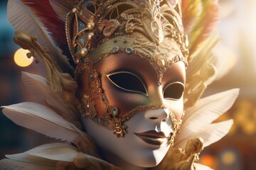 Carnival mask with feathers on sunny background. Luxury vibrant gala masquerade soiree mask. Generate ai