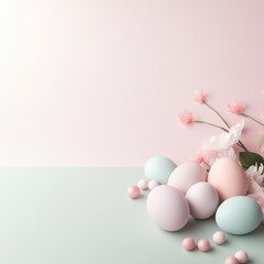 Naklejka na ściany i meble Easter pastel eggs decorated with white flowers on a pink background, space for text, holiday concept, Easter