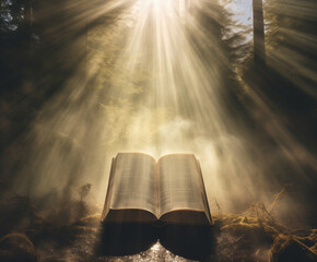 Mystical Forest Light Shining on an Open Book