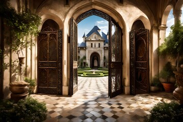 Magnificent open doors unveiling a majestic castle courtyard with lush gardens, epitomizing a scene of historical grandeur and elegance
