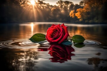The serene elegance of a crimson rose adrift on tranquil waters, embraced by the gentle embrace of the early morning sun
