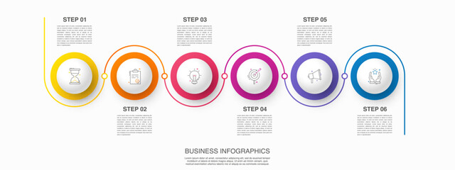 Vector line infographics with 6 circles. Business concept graphic process template with six steps. Graphic timeline for app, website, interface, chart, levels, web, diagram, banner, presentations - obrazy, fototapety, plakaty